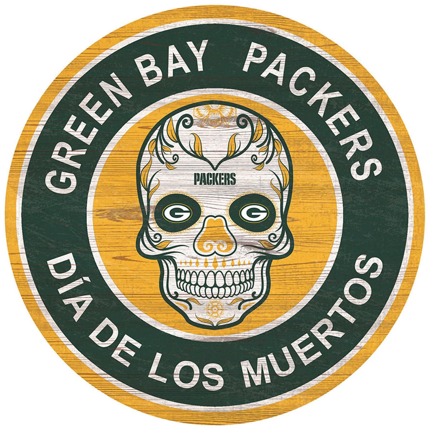 Green Bay Packers 15"in Sugar Skull Wood Circle Sign