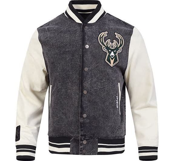 NBA MILWAUKEE BUCKS DENIM VARSITY JACKET (WASHED BLACK/EGGSHELL)