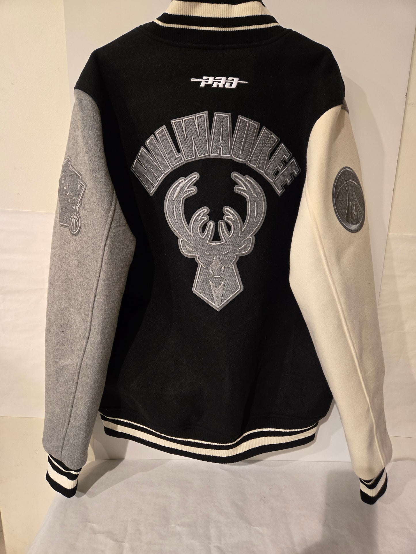 Milwaukee Bucks Grey and Black Letterman Jacket