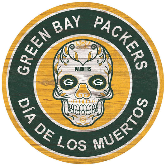 Green Bay Packers 15"in Sugar Skull Wood Circle Sign