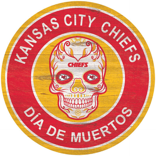 Kansas City Chiefs 15"in Sugar Skull Wood Circle Sign